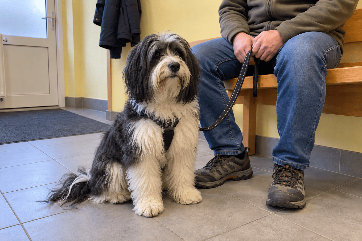 Dlhosrstá fenka s majiteľom v bežnej veterinárnej čakárni pred plánovaným zákrokom